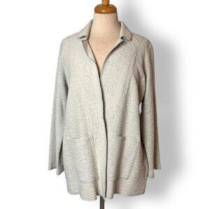 NWT Eileen Fisher Notched Collar Crinkle Jacket Blazer Stone Gray White Sz PL